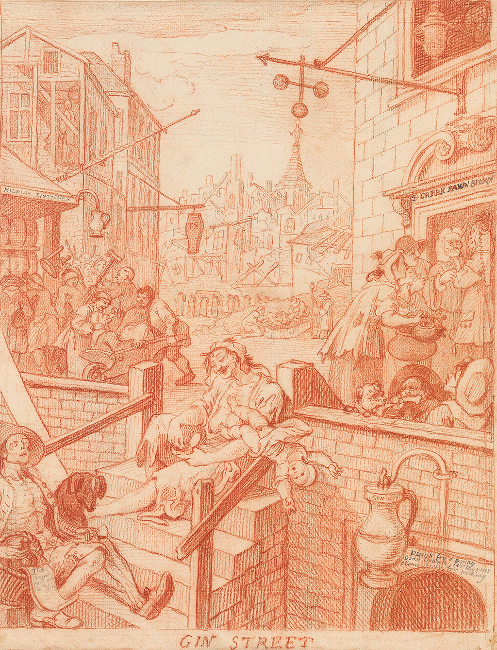 Gin Street Red Chalk Drawing in Detail William Hogarth